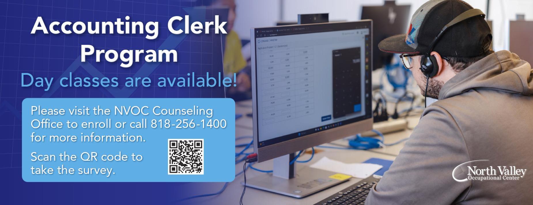 Accounting Clerk Program shuffle with phone number 818-256-1400 and qr code for more information