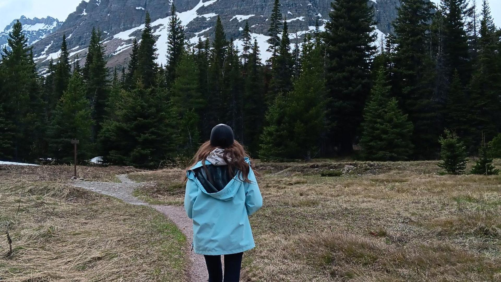 Hiker in a blue jacket walking on a path through a forested area with snow-capped mountains.