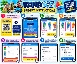 Instructions for pre-paying for Kona Ice orders with QR code and step-by-step guide.
