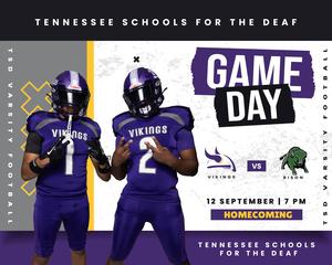 Two football players in purple uniforms pose with helmets, promoting Game Day for TSD.