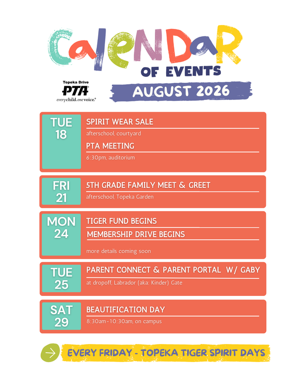 PTA Calendar August 2026