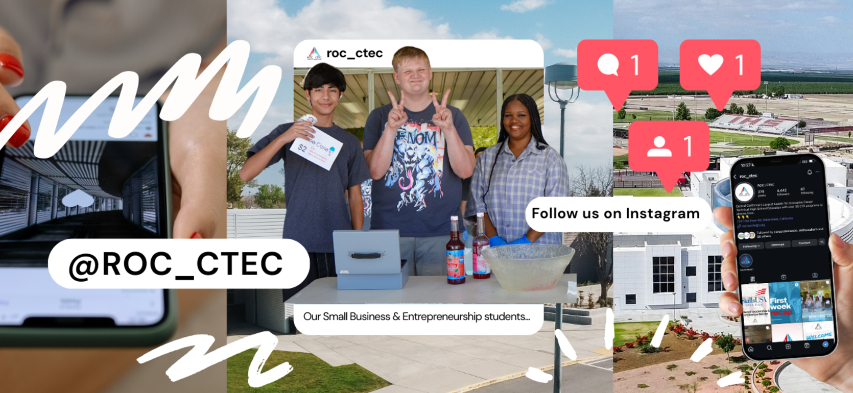 A collage featuring students engaging in entrepreneurship activities and social media visuals.
