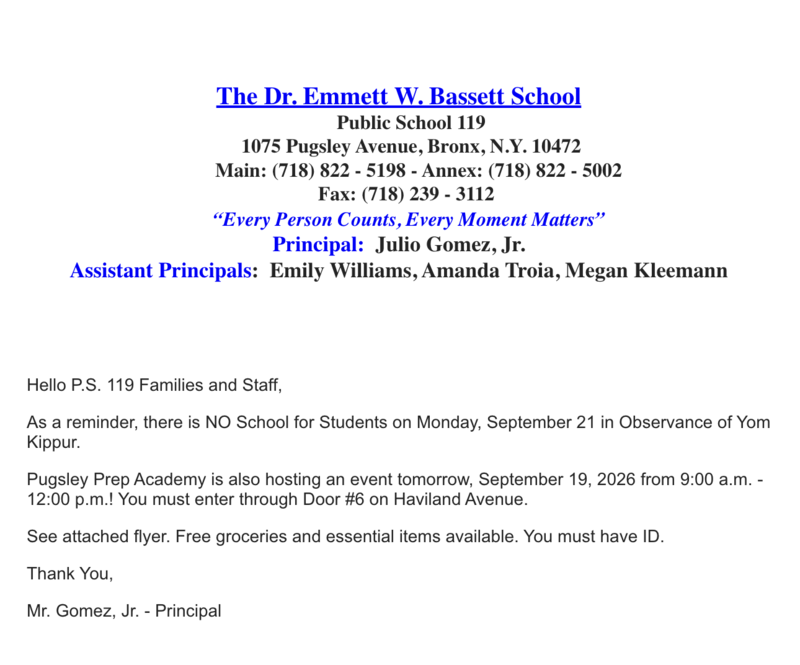 Yom Kippur No School Letter for Parents September 21, 2026
