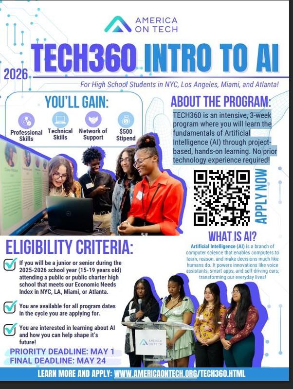 Flyer promoting a tech program for high school students in various cities.