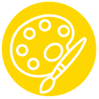 yellow and blue icon of a paint brush and a palette