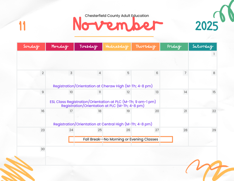 November Calendar with Registration/Orientation Information