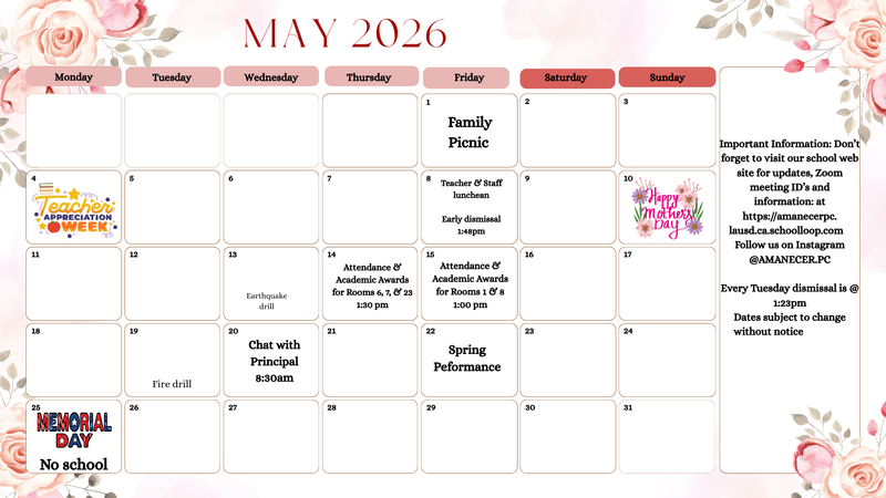 May Calendar English