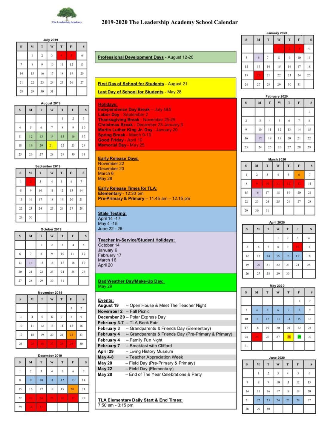 2019-2020 School Calendar | The Leadership Academy