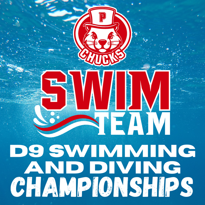 water background with chucks swim team logo and white text saying D9 swimming and Diving Championships