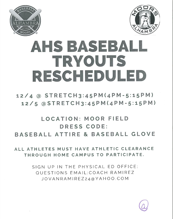 Baseball Tryouts Rescheduled
