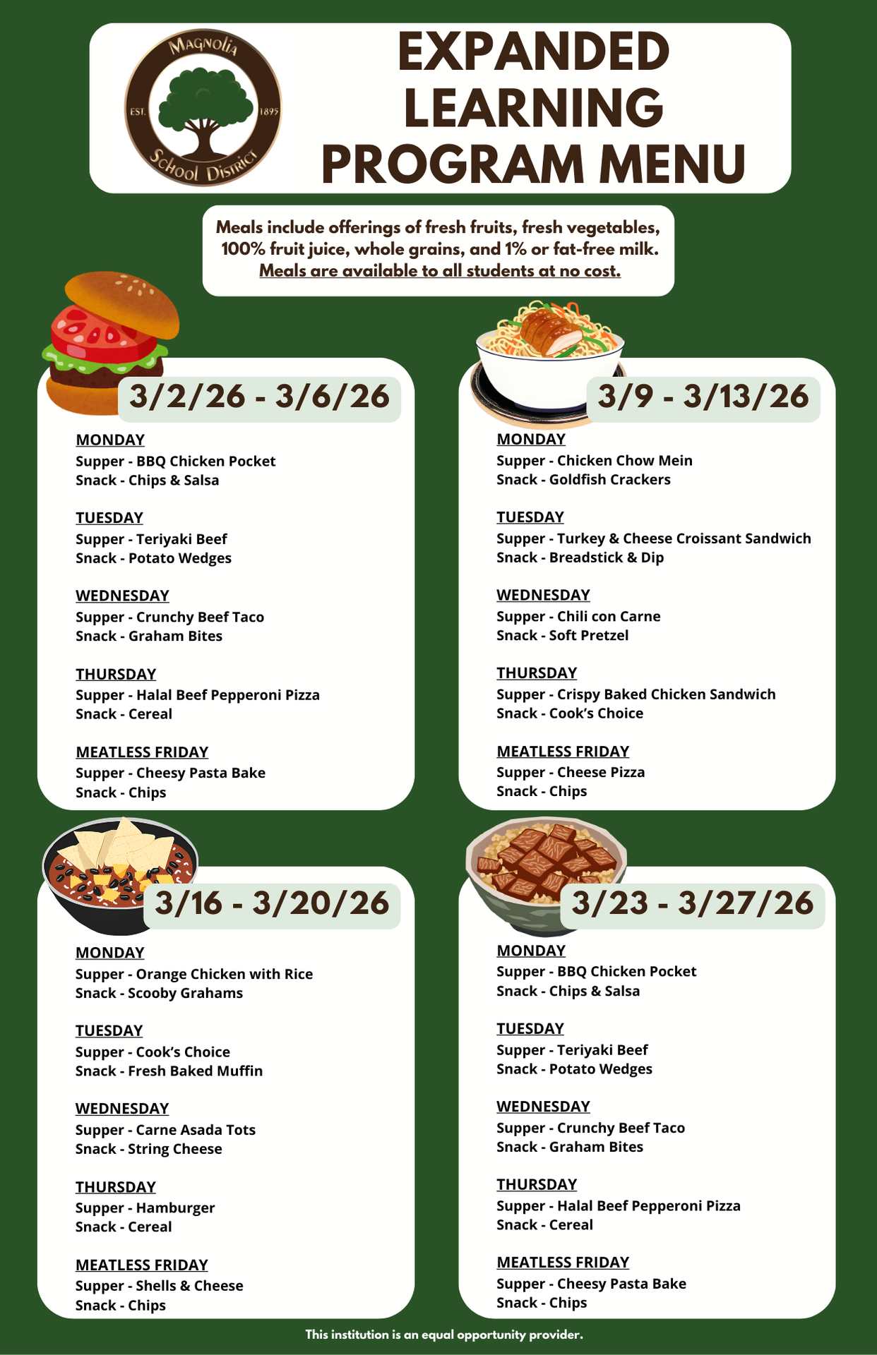 ELP Supper and Snack Menu for March 2026