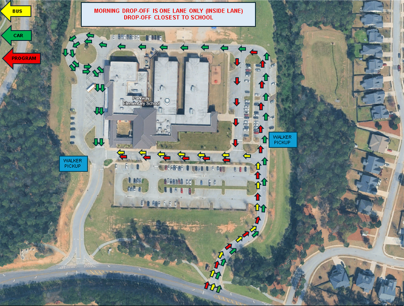 map detailing the drop off and pick up areas of the parking lot