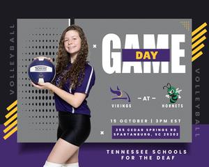 A girl holding a volleyball with game details and school logos.