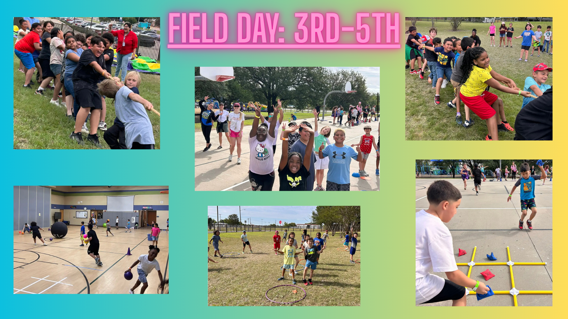 Pictures of third, fourth, and fifth grade students participating in the Jefferson's field day.