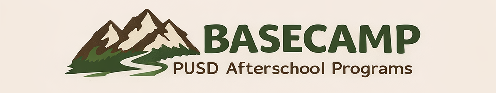 Brown and green banner with a mountain, text says Basecamp PUSD After School Programs