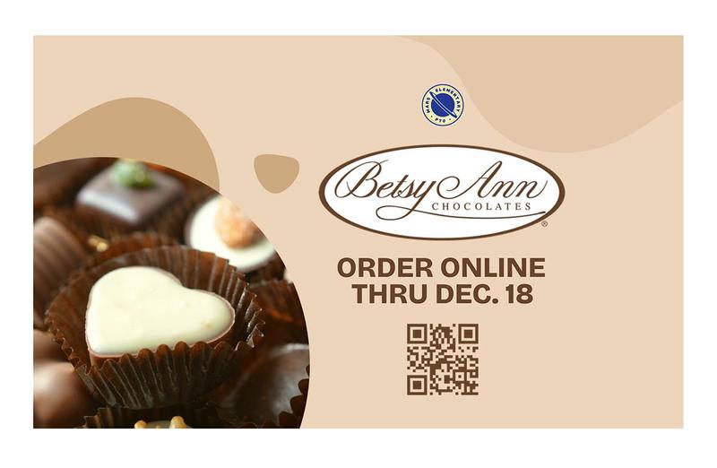 Chocolate assortment with a logo and order details for Betsy Ann Chocolates.