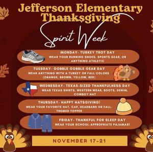 Details for what to wear on Jefferson Thanksgiving Spirit Week