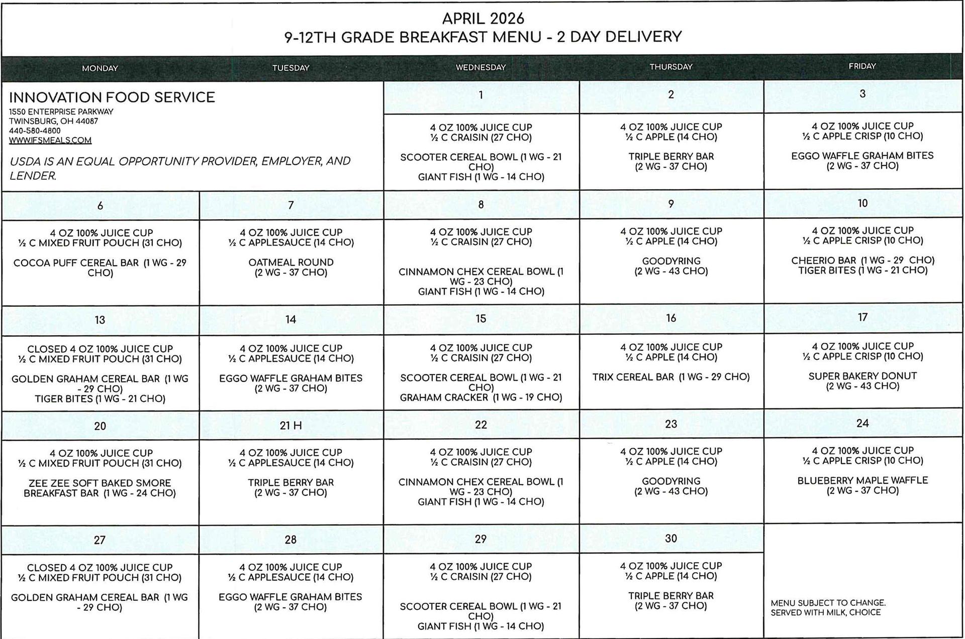 APRIL K-8 2 DAY LUNCH1234