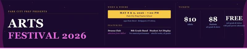 The Arts Festival will take place on May 8th and May 9th at 7:00 PM.