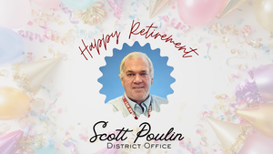celebratory picture of Scott Poulin with balloons and confetti surrounding his head
