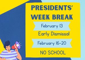 cartoon man with megaphone on a blue and yellow background announcing the dates of break and early dismissal