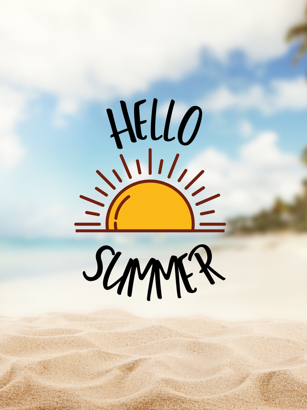 beach scene with text "hello summer"