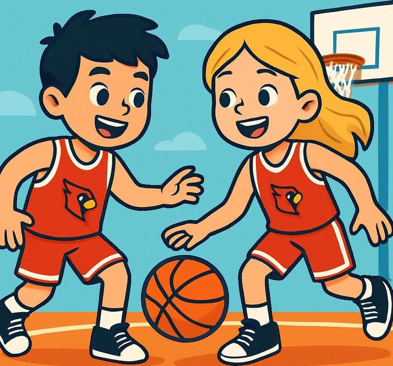 Two children playing basketball on a court, smiling and dribbling a ball.