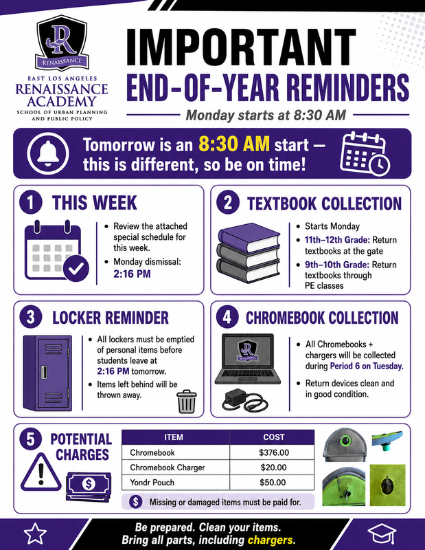 Final Week Schedule and Important School Property Collection and Graduation Info