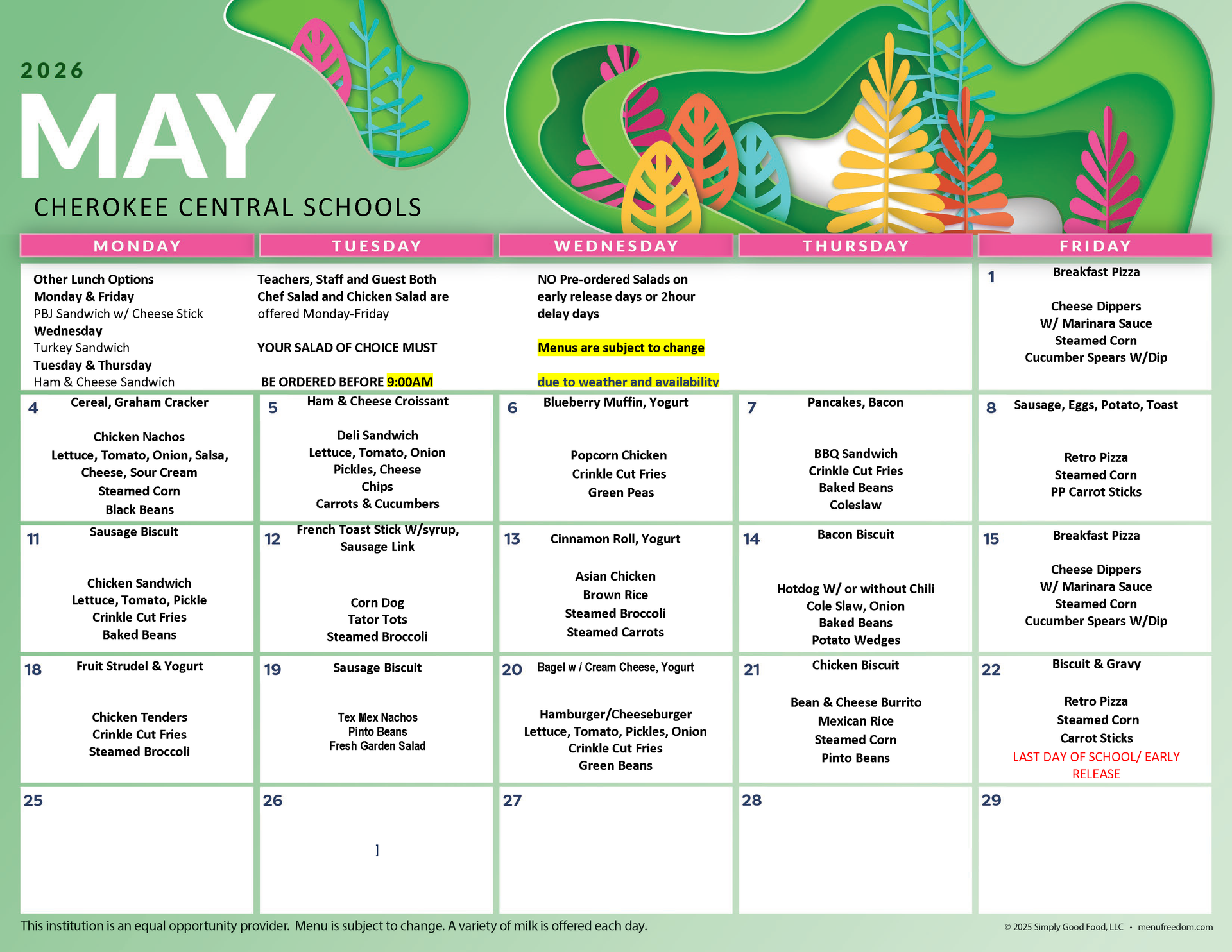 May Breakfast/Lunch Menu