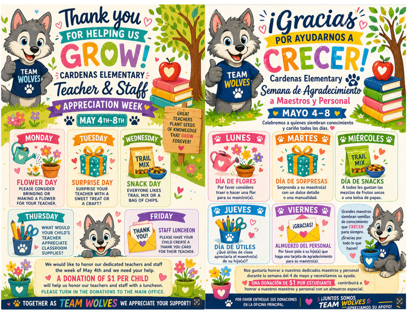 This week, we proudly celebrate Teacher & Staff Appreciation Week and recognize the dedication, care, and hard work our educators bring to our school each day. Our teachers and staff truly help our students grow, learn, and thrive in meaningful ways. We are grateful for all they do and appreciate the support of our families in helping us honor them.