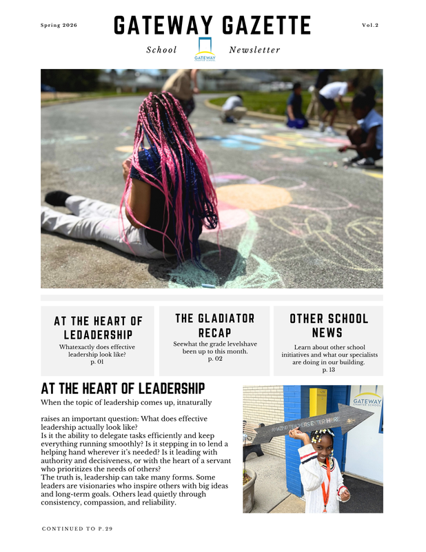 A person sitting on colorful pavement artwork, with newsletter layout above.