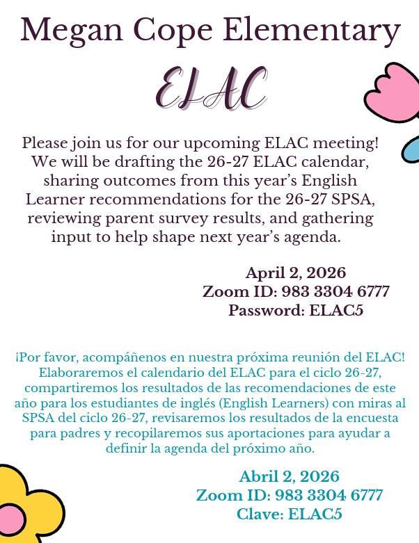 ELAC flyer in English and Spanish