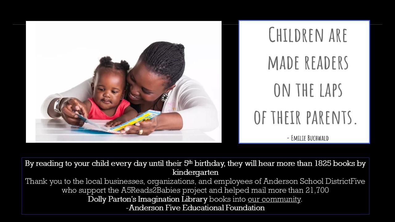 Mother reads to child. Thank you to sponsors.