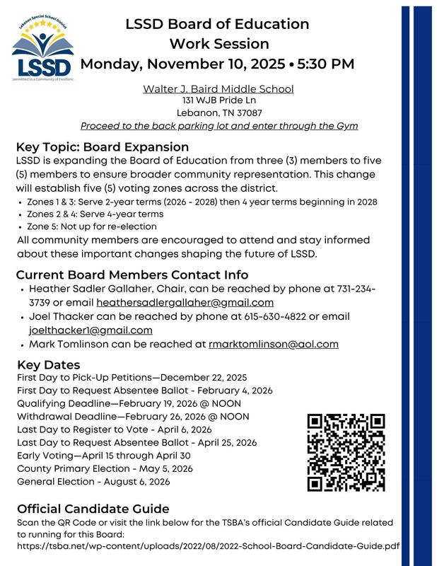 Board of Education is expanding, learn more on 11/10 at 5:30pm at Walter J Baird Middle School. This Work Session is open to the public