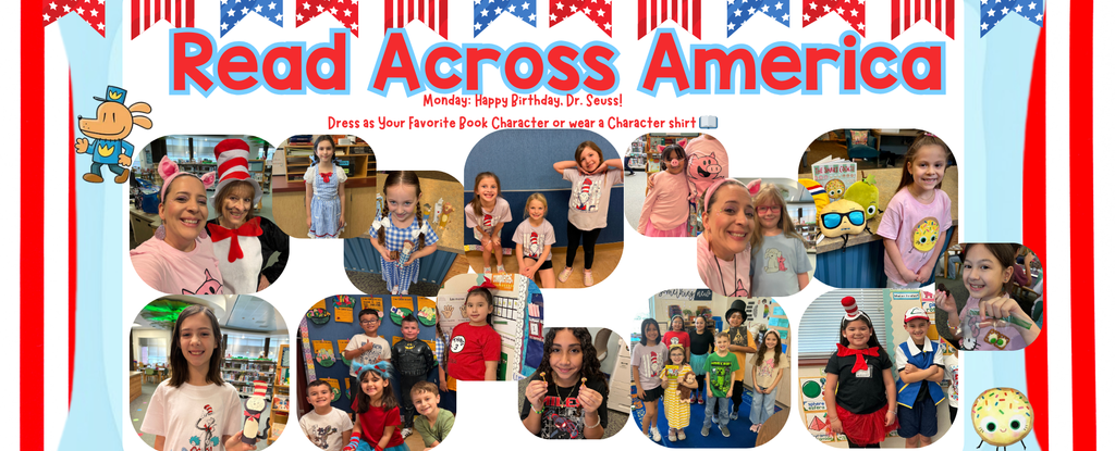 Collage of children and adults celebrating Read Across America with costumes and smiles.