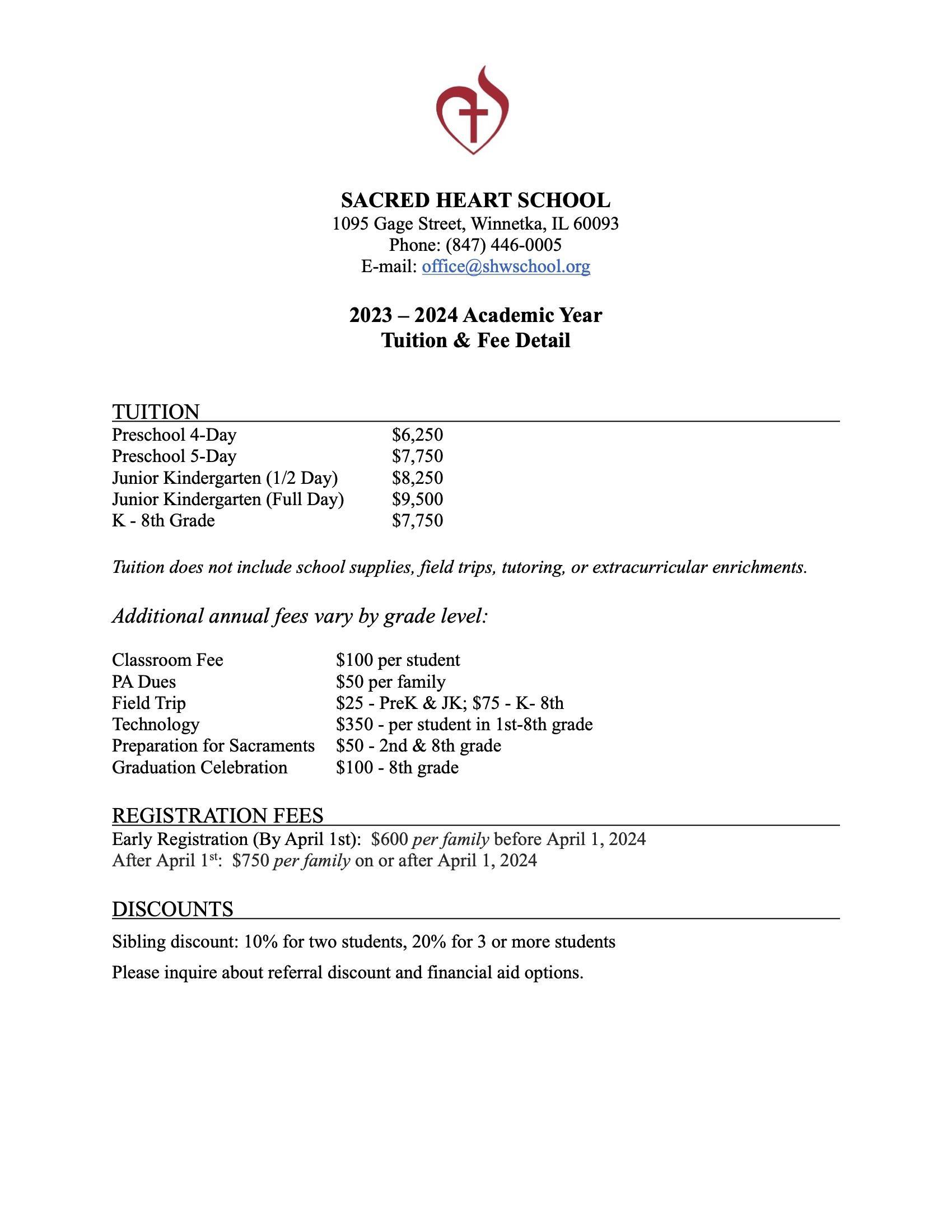 20232024 Tuition Schedule Admissions Sacred Heart School