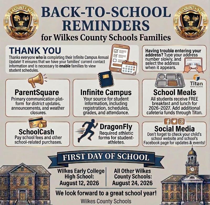 Back-to-school reminders for Wilkes County Schools families outlined in a flyer.