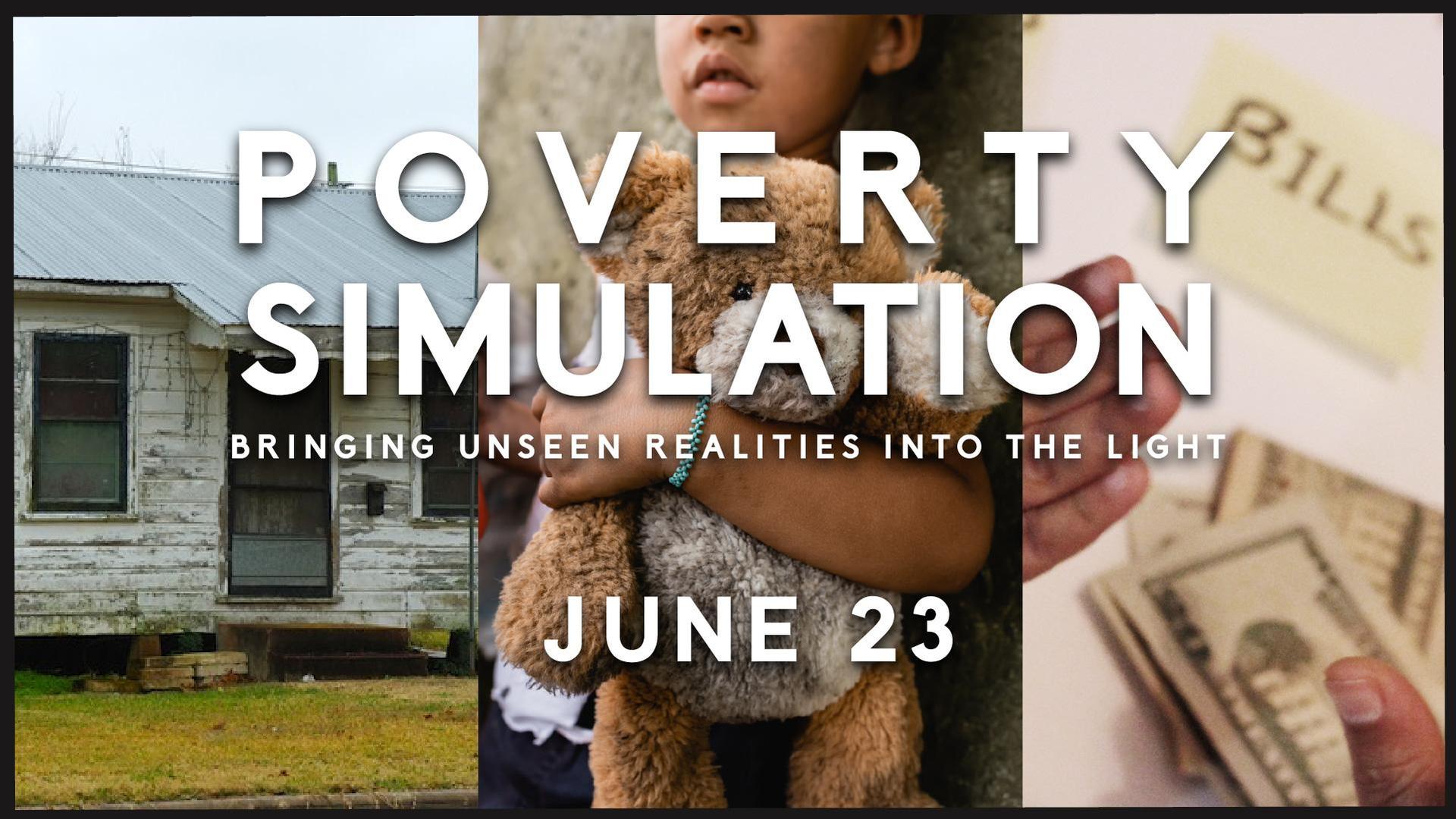 Poverty Simulation workshop graphic with housing and financial hardship imagery.