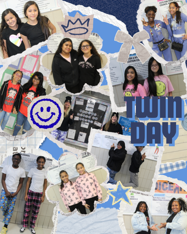 Students dressed alike for Twin Day, showcasing their coordinated outfits and smiles.