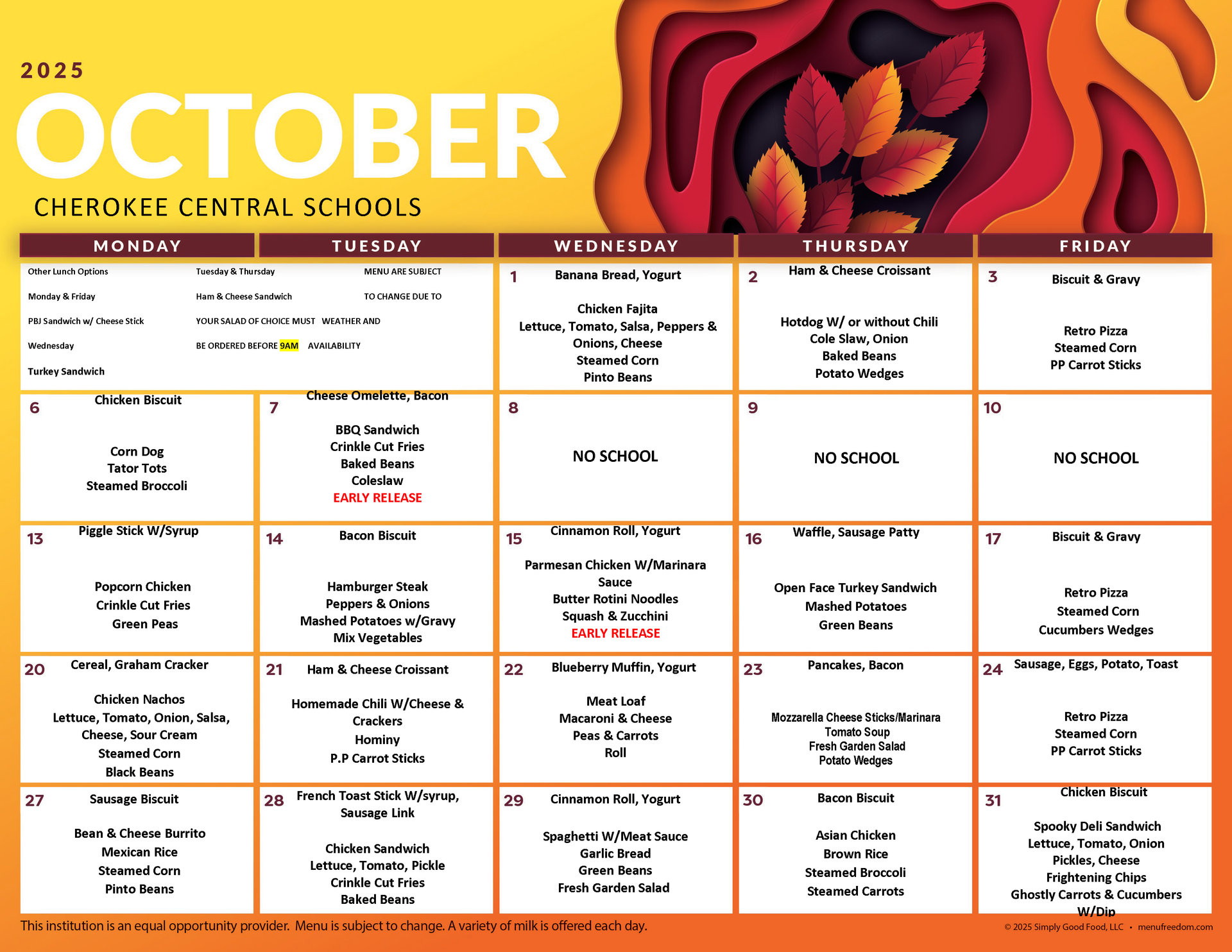 October Breakfast/Lunch Menu