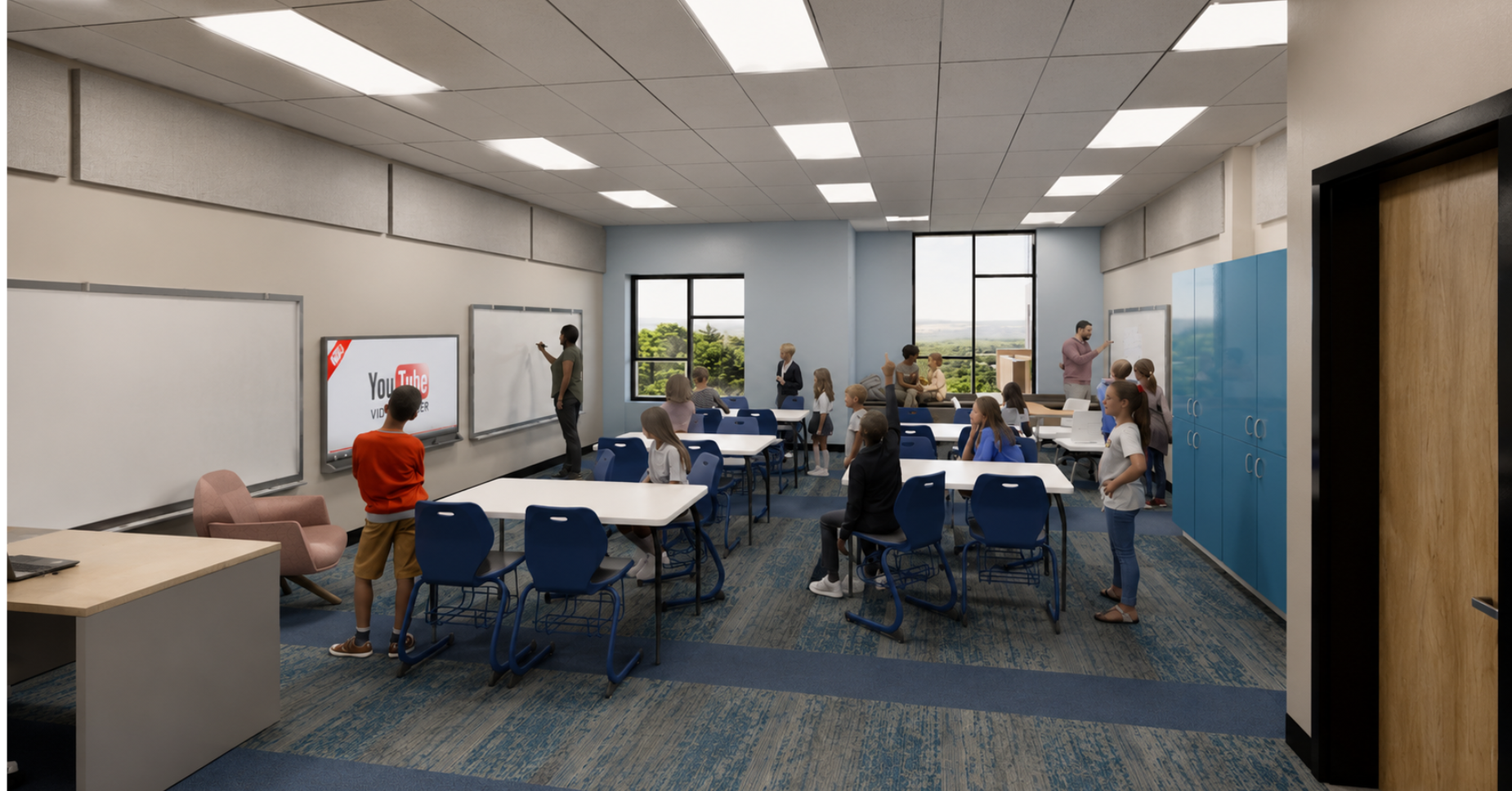 Bright classroom with students and teachers engaged in activities.