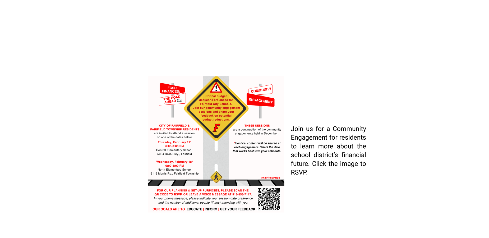 Community engagement flyer with financial information and RSVP details.