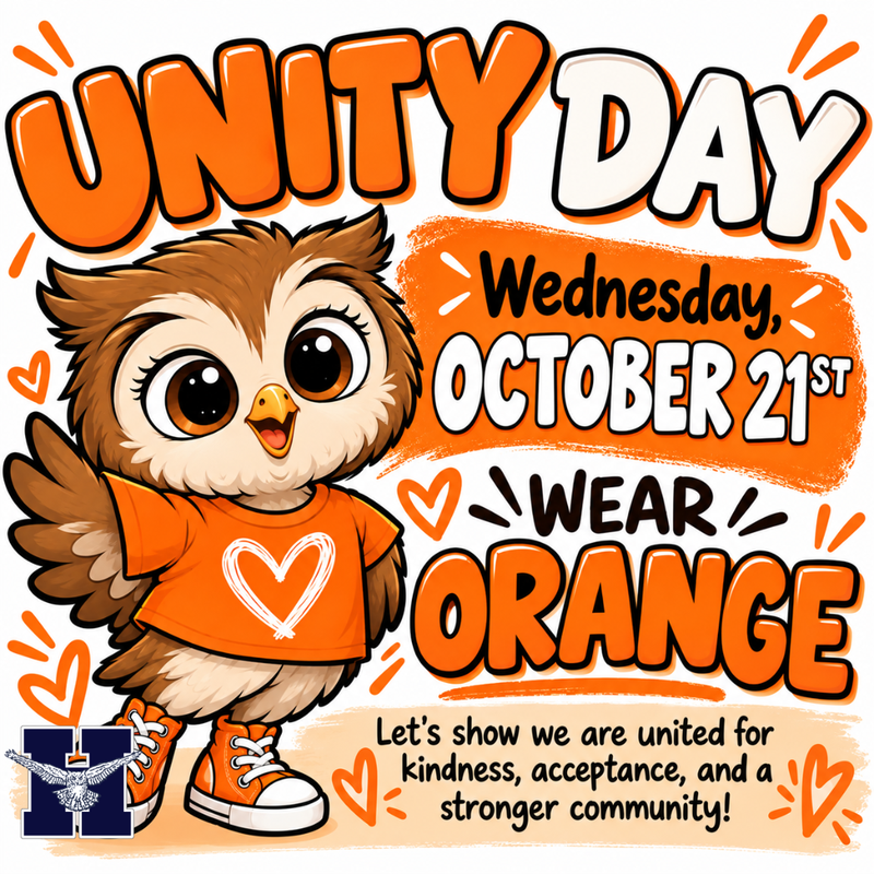 Cartoon owl in an orange shirt promoting Unity Day on October 21st.