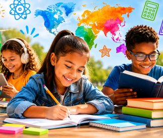 Three students working with textbooks and notebooks in a colorful environment
