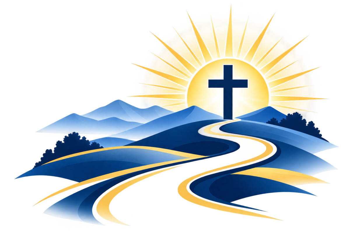 cross on a winding path up a mountain