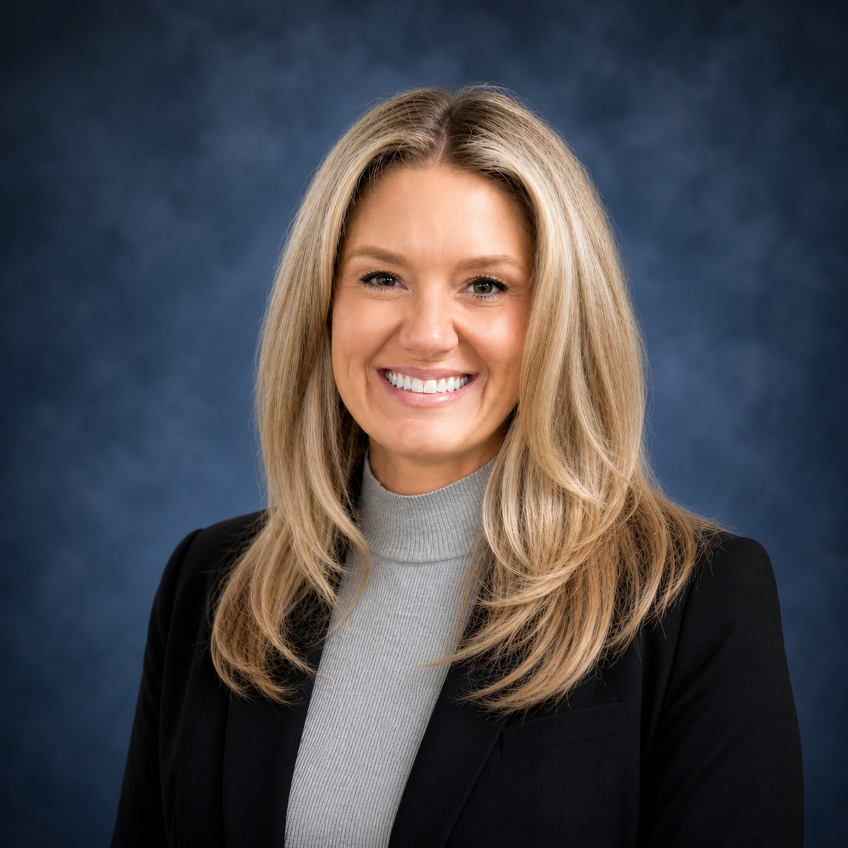 portrait of Natalie Johnson wearing gray turtleneck and black blazer