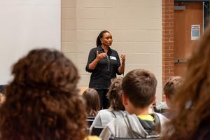 Mrs. Chantal Ingabire spoke to students in Moore’s lecture space during her visit on April 23, 2026.