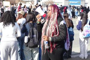 Student Jolia Bossette reminds student protestors to stay safe.