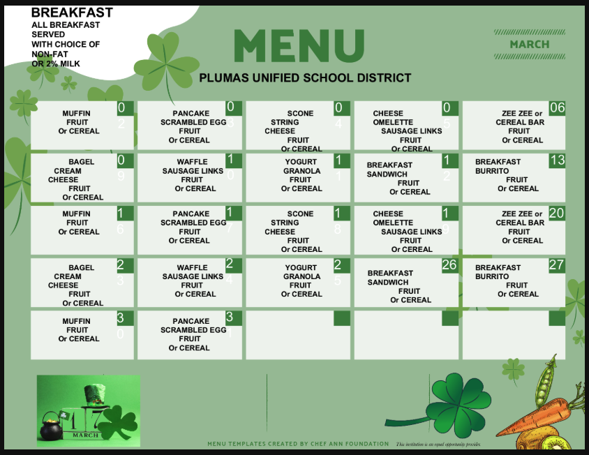 March 26 Breakfast menu