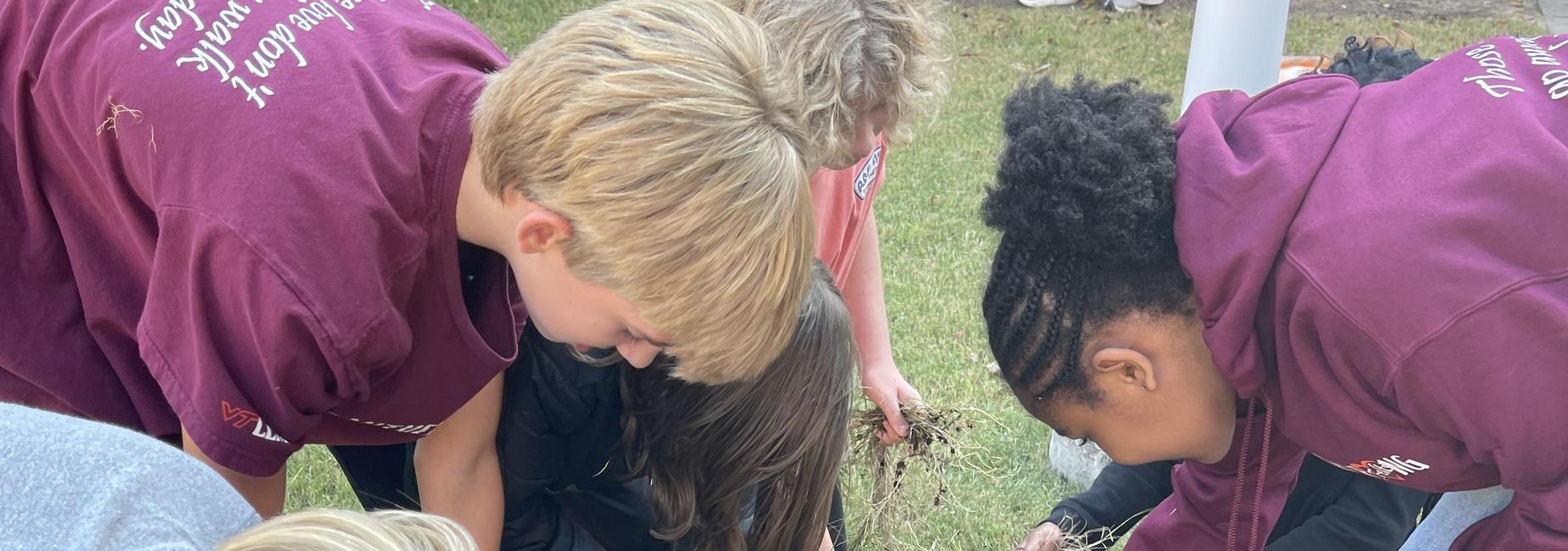 Children planting flowers in a garden bed with dirt and grass.